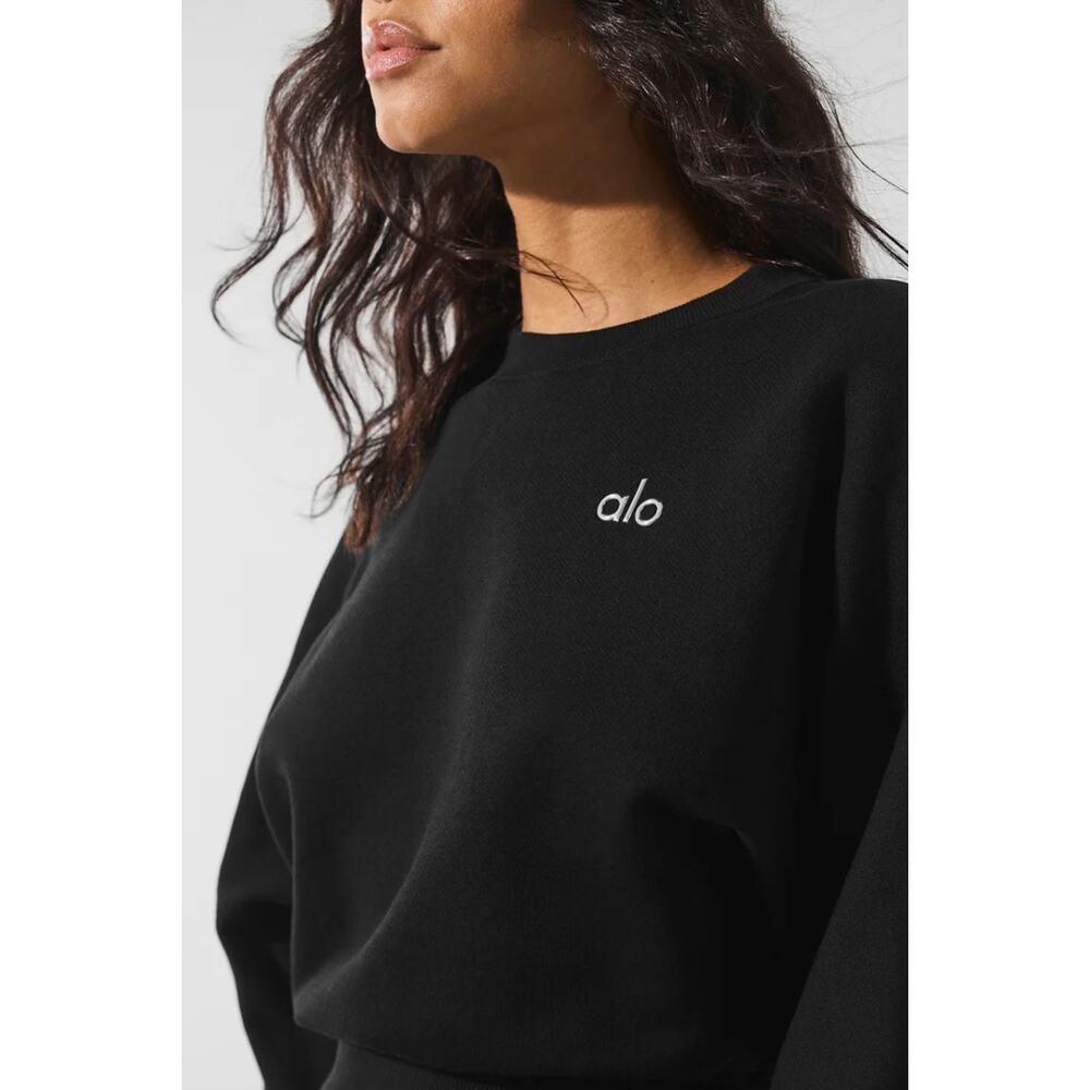 NWT Alo Cropped Accolade Crewneck Sweatshirt Black Loungewear Athleisure Sz XS - Picture 3 of 6